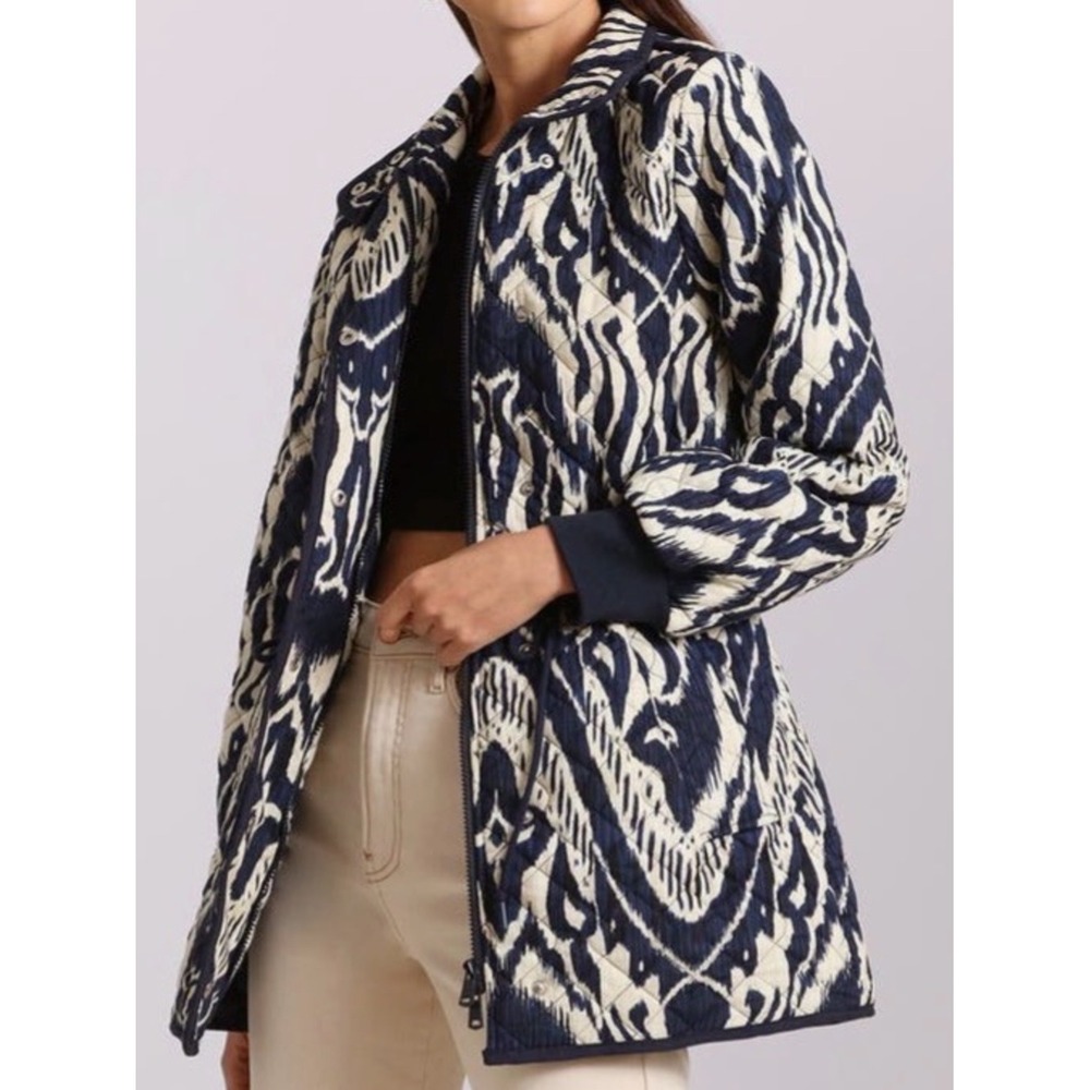 Bagatelle Collection Quilted Ikat Print Jacket Navy Cream XS Drawstring Waist